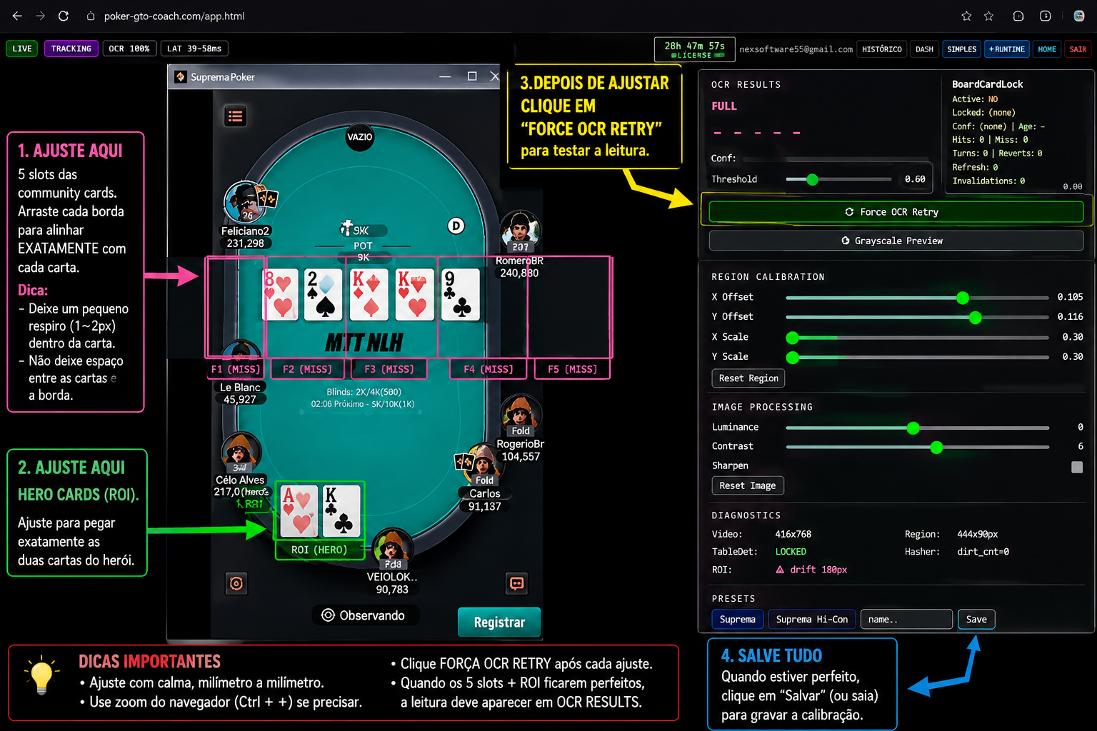 OMNI-EYE OCR Calibration Interface — poker table with AI bounding boxes and position detection zones